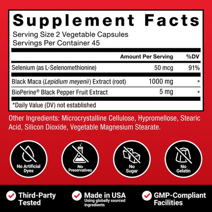 Force Factor Black Maca Wurzel Ergänzung für Männer, 1000 mg Maca Negra Extrakt für Energie, hormonelles Gleichgewicht & Vitalität, verbesserte Absorption mit BioPerine, 90 Kapseln