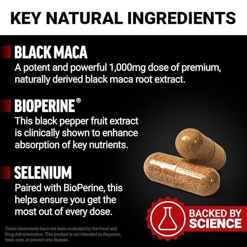 Force Factor Black Maca Wurzel Ergänzung für Männer, 1000 mg Maca Negra Extrakt für Energie, hormonelles Gleichgewicht & Vitalität, verbesserte Absorption mit BioPerine, 90 Kapseln