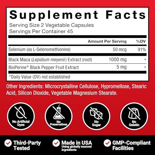 Force Factor Black Maca Wurzel Ergänzung für Männer, 1000 mg Maca Negra Extrakt für Energie, hormonelles Gleichgewicht & Vitalität, verbesserte Absorption mit BioPerine, 90 Kapseln