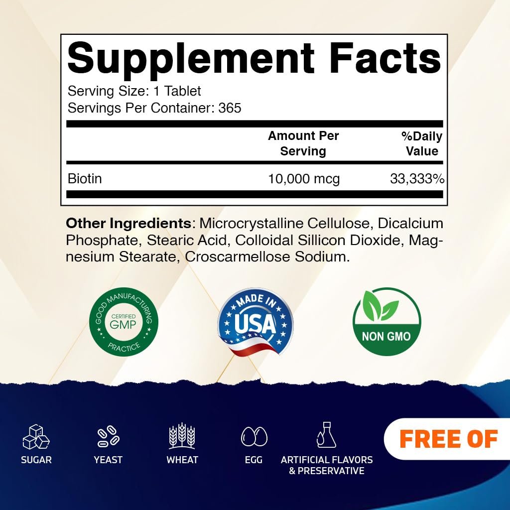 Vitamatic Biotin 10.000 mcg (10 mg) für stärkeres Haar, Haut und Nägel – 365 vegane Tabletten – auch bekannt als Vitamin B7