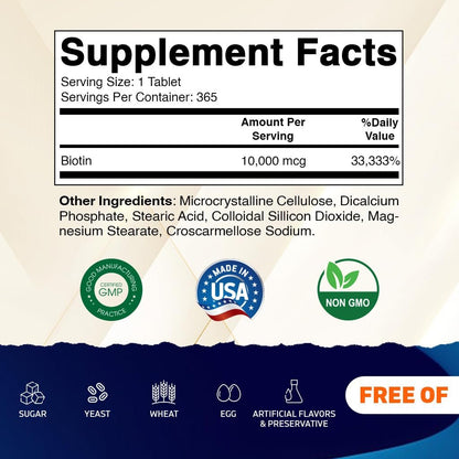 Vitamatic Biotin 10.000 mcg (10 mg) für stärkeres Haar, Haut und Nägel – 365 vegane Tabletten – auch bekannt als Vitamin B7