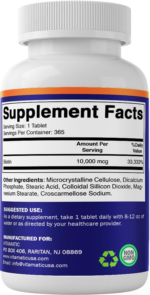 Vitamatic Biotin 10.000 mcg (10 mg) für stärkeres Haar, Haut und Nägel – 365 vegane Tabletten – auch bekannt als Vitamin B7