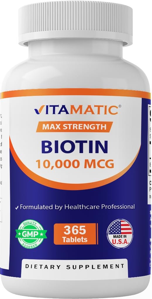 Vitamatic Biotin 10.000 mcg (10 mg) für stärkeres Haar, Haut und Nägel – 365 vegane Tabletten – auch bekannt als Vitamin B7