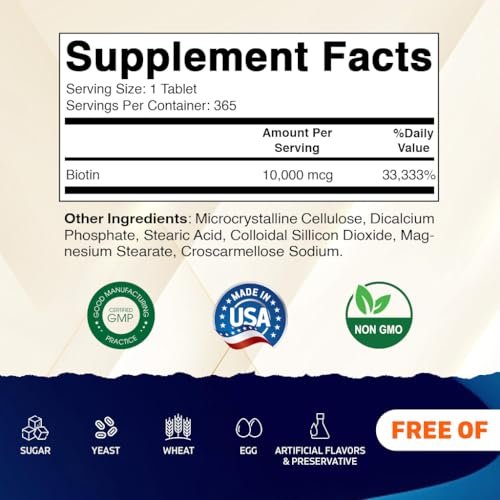 Vitamatic Biotin 10.000 mcg (10 mg) für stärkeres Haar, Haut und Nägel – 365 vegane Tabletten – auch bekannt als Vitamin B7
