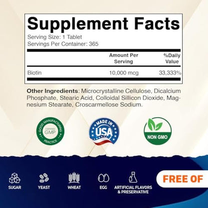 Vitamatic Biotin 10.000 mcg (10 mg) für stärkeres Haar, Haut und Nägel – 365 vegane Tabletten – auch bekannt als Vitamin B7