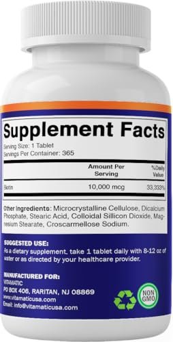Vitamatic Biotin 10.000 mcg (10 mg) für stärkeres Haar, Haut und Nägel – 365 vegane Tabletten – auch bekannt als Vitamin B7