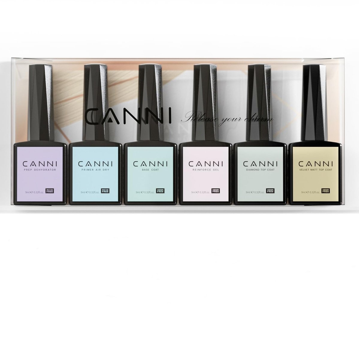 CANNI 6-teiliges Nagel-Gel-Set: Hema-freier Dehydrator & Primer, Base Coat, Diamond Top Coat & Matt Top Coat – LED-Gel-Nagellack-Set für Nagelkunst, Maniküre & Salon (9 ml)