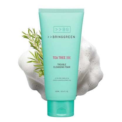 BRING GREEN Tea Tree Cica Trouble Cleansing Foam – Mildes Reinigungsgel für Peeling, entfernt Mitesser und Hautrückstände, für unreine, gereizte und empfindliche Haut (300 ml)