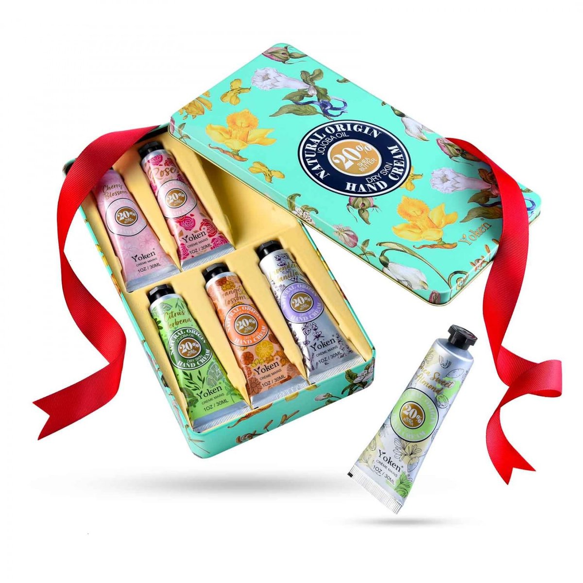 Yoken 20% Shea Butter Handcreme Geschenkset – 6-teiliges Set mit Mandel-, Zitrusverbene- und Blumendüften, 6 x 30 ml – Pflegt trockene Hände sofort