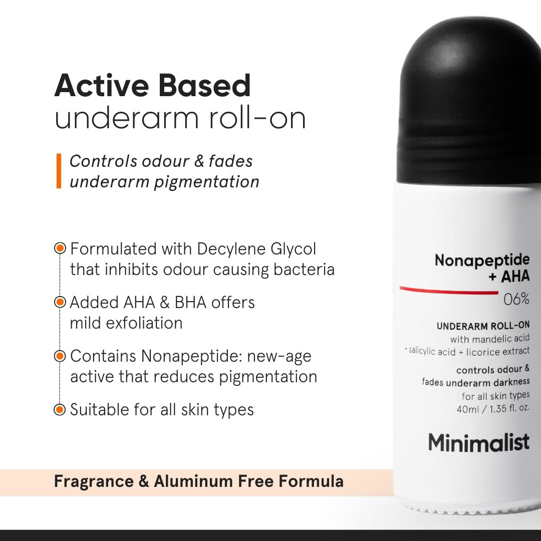 Minimalist Natural Aluminiumfreies Deodorant zur Geruchskontrolle & Aufhellung dunkler Achseln | Mit Nonapeptid + AHA BHA 06% | Unterarm-Roller | Peeling-Deo für Frauen & Männer | 1,35 Fl Oz / 40 ml