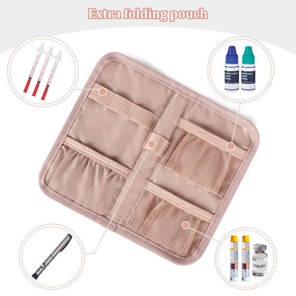 YARWO Diabetiker-Reiseetui für Blutzuckermessgerät, Teststreifen, Insulinspritzen, Aufbewahrungstasche für Diabeteszubehör mit 2 abnehmbaren und 1 zusammenklappbaren Taschen, Staubrosa (nur Tasche)