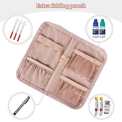 YARWO Diabetiker-Reiseetui für Blutzuckermessgerät, Teststreifen, Insulinspritzen, Aufbewahrungstasche für Diabeteszubehör mit 2 abnehmbaren und 1 zusammenklappbaren Taschen, Staubrosa (nur Tasche)
