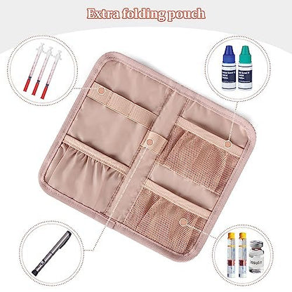 YARWO Diabetiker-Reiseetui für Blutzuckermessgerät, Teststreifen, Insulinspritzen, Aufbewahrungstasche für Diabeteszubehör mit 2 abnehmbaren und 1 zusammenklappbaren Taschen, Staubrosa (nur Tasche)