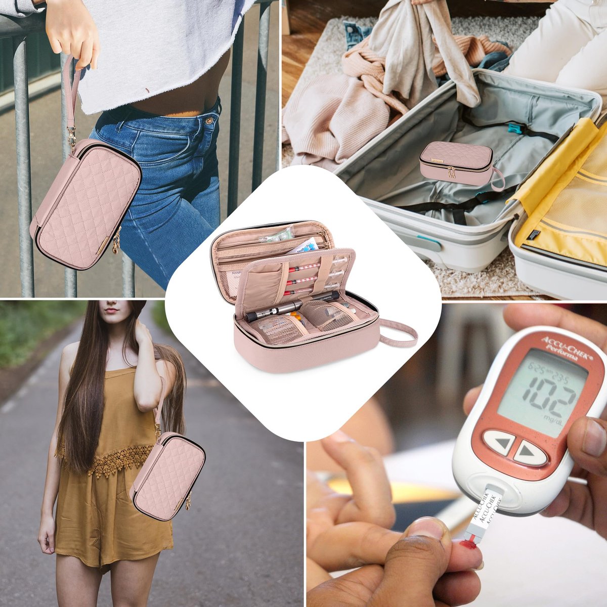 YARWO Diabetiker-Reiseetui für Blutzuckermessgerät, Teststreifen, Insulinspritzen, Aufbewahrungstasche für Diabeteszubehör mit 2 abnehmbaren und 1 zusammenklappbaren Taschen, Staubrosa (nur Tasche)