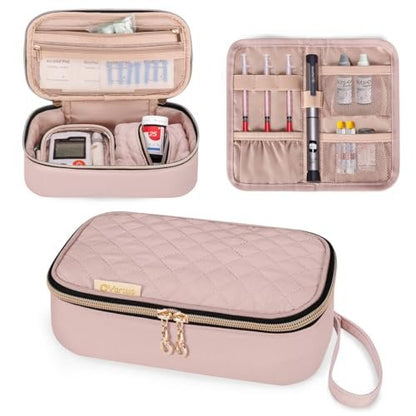 YARWO Diabetiker-Reiseetui für Blutzuckermessgerät, Teststreifen, Insulinspritzen, Aufbewahrungstasche für Diabeteszubehör mit 2 abnehmbaren und 1 zusammenklappbaren Taschen, Staubrosa (nur Tasche)