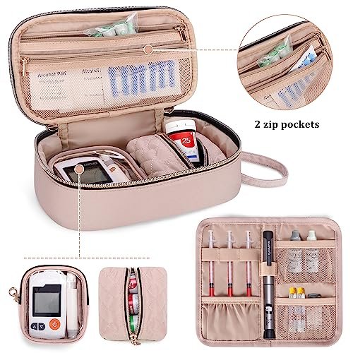 YARWO Diabetiker-Reiseetui für Blutzuckermessgerät, Teststreifen, Insulinspritzen, Aufbewahrungstasche für Diabeteszubehör mit 2 abnehmbaren und 1 zusammenklappbaren Taschen, Staubrosa (nur Tasche)