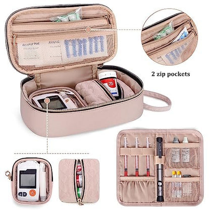 YARWO Diabetiker-Reiseetui für Blutzuckermessgerät, Teststreifen, Insulinspritzen, Aufbewahrungstasche für Diabeteszubehör mit 2 abnehmbaren und 1 zusammenklappbaren Taschen, Staubrosa (nur Tasche)