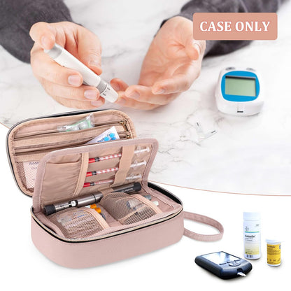 YARWO Diabetiker-Reiseetui für Blutzuckermessgerät, Teststreifen, Insulinspritzen, Aufbewahrungstasche für Diabeteszubehör mit 2 abnehmbaren und 1 zusammenklappbaren Taschen, Staubrosa (nur Tasche)