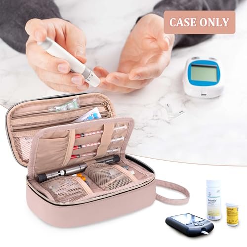 YARWO Diabetiker-Reiseetui für Blutzuckermessgerät, Teststreifen, Insulinspritzen, Aufbewahrungstasche für Diabeteszubehör mit 2 abnehmbaren und 1 zusammenklappbaren Taschen, Staubrosa (nur Tasche)