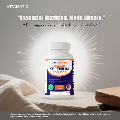 Vitamatic Hefefreies Selen 200 mcg als Selenomethionin – Essenzielles Spurenelement mit verbesserter Aufnahme, 240 Tabletten