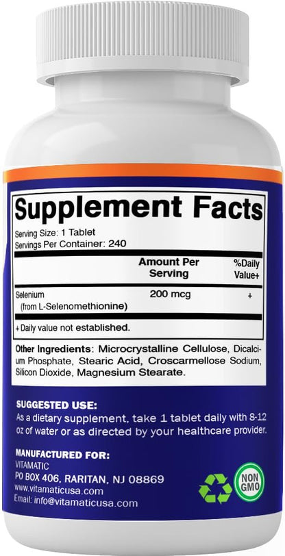 Vitamatic Hefefreies Selen 200 mcg als Selenomethionin – Essenzielles Spurenelement mit verbesserter Aufnahme, 240 Tabletten