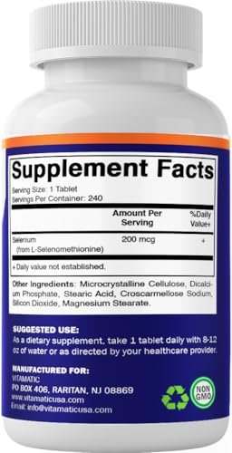 Vitamatic Hefefreies Selen 200 mcg als Selenomethionin – Essenzielles Spurenelement mit verbesserter Aufnahme, 240 Tabletten