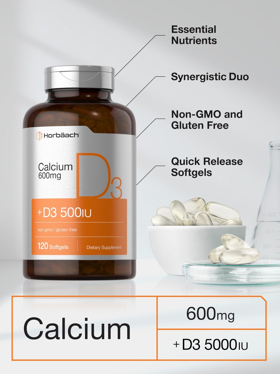 Horbäach Calcium mit Vitamin D3 | 600 mg | 120 Softgels | Non-GMO & Glutenfrei | für Männer und Frauen