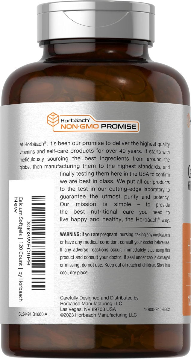 Horbäach Calcium mit Vitamin D3 | 600 mg | 120 Softgels | Non-GMO & Glutenfrei | für Männer und Frauen