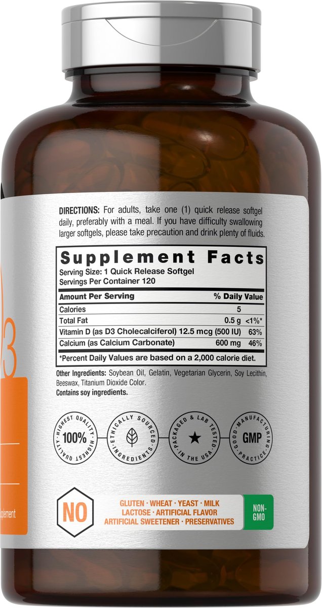 Horbäach Calcium mit Vitamin D3 | 600 mg | 120 Softgels | Non-GMO & Glutenfrei | für Männer und Frauen