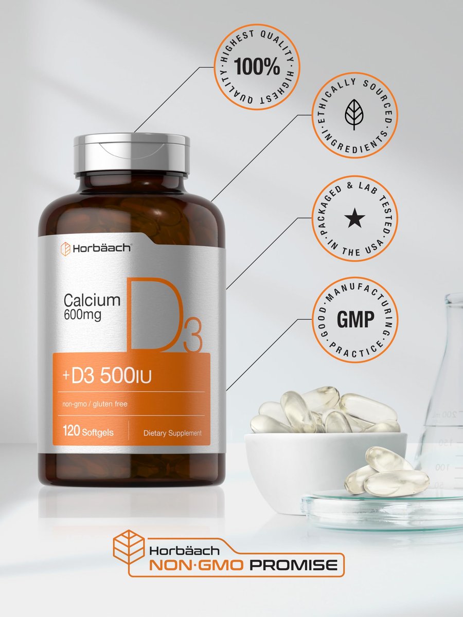 Horbäach Calcium mit Vitamin D3 | 600 mg | 120 Softgels | Non-GMO & Glutenfrei | für Männer und Frauen