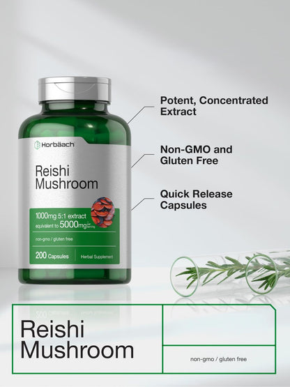 Horbäach Reishi Pilz Kapseln | 200 Stück | Nicht-GVO & Glutenfrei | Nahrungsergänzungsmittel