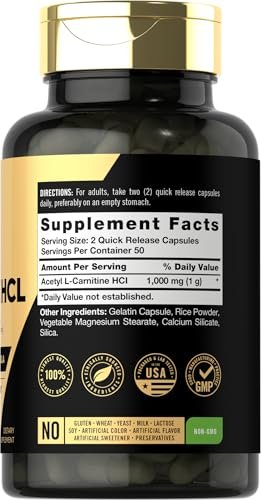 Carlyle Acetyl-L-Carnitin HCL | 1000 mg | 100 Kapseln | Fortschrittliche Athleten-Formel | Pre-Workout Ergänzung | Nicht-GVO & Glutenfrei