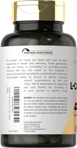 Carlyle Acetyl-L-Carnitin HCL | 1000 mg | 100 Kapseln | Fortschrittliche Athleten-Formel | Pre-Workout Ergänzung | Nicht-GVO & Glutenfrei