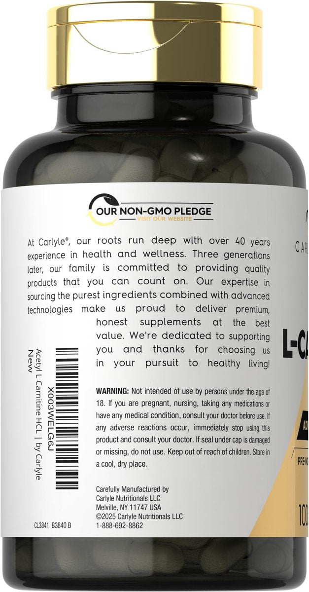 Carlyle Acetyl-L-Carnitin HCL | 1000 mg | 100 Kapseln | Fortschrittliche Athleten-Formel | Pre-Workout Ergänzung | Nicht-GVO & Glutenfrei