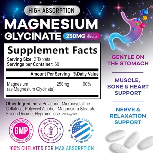 Magnesiumglycinat Kapseln - 100% cheliert & gereinigt - für Ruhe, Schlafunterstützung, Herzgesundheit, Muskeln & Knochenstärke - Beste Absorption - Hergestellt in USA - 120 Tabletten