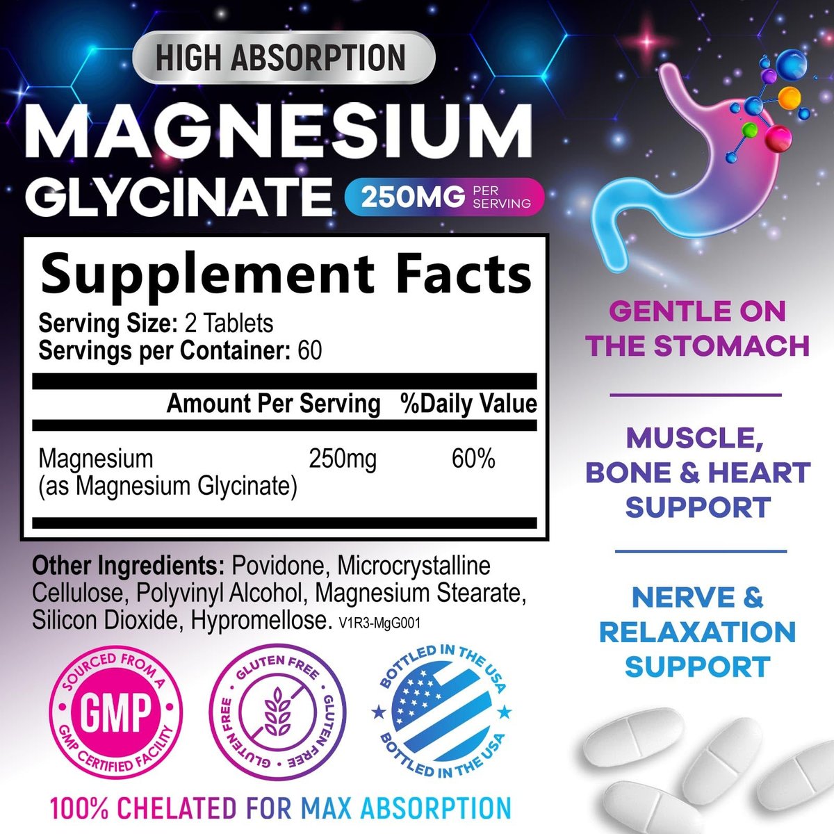 Magnesiumglycinat Kapseln - 100% cheliert & gereinigt - für Ruhe, Schlafunterstützung, Herzgesundheit, Muskeln & Knochenstärke - Beste Absorption - Hergestellt in USA - 120 Tabletten