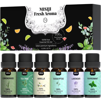MISIJI Essential Öle Set Top 6 Aromatherapie-Öle für Diffuser für Zuhause, Lufterfrischer Diffuser Öle Düfte für Aromatherapie, Wäsche, Kerzen- & Seifenherstellung, Luftbefeuchter 6 x 10 ml