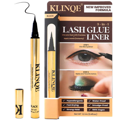 KLINQE Schwarzer Eyeliner Wimpernkleber Liner, Magnetischer Liner, Latexfreier Wimpernkleber, Starker Halt, Klebestift für Streifenwimpern, Magnetische Wimpern, Wischfest, Augenschmuck