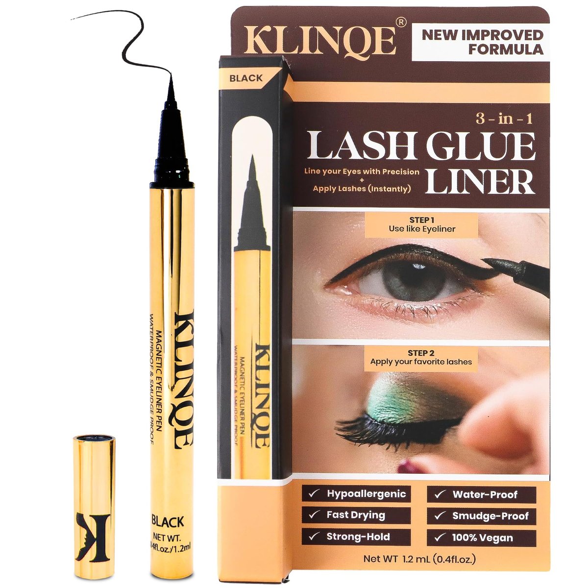 KLINQE Schwarzer Eyeliner Wimpernkleber Liner, Magnetischer Liner, Latexfreier Wimpernkleber, Starker Halt, Klebestift für Streifenwimpern, Magnetische Wimpern, Wischfest, Augenschmuck