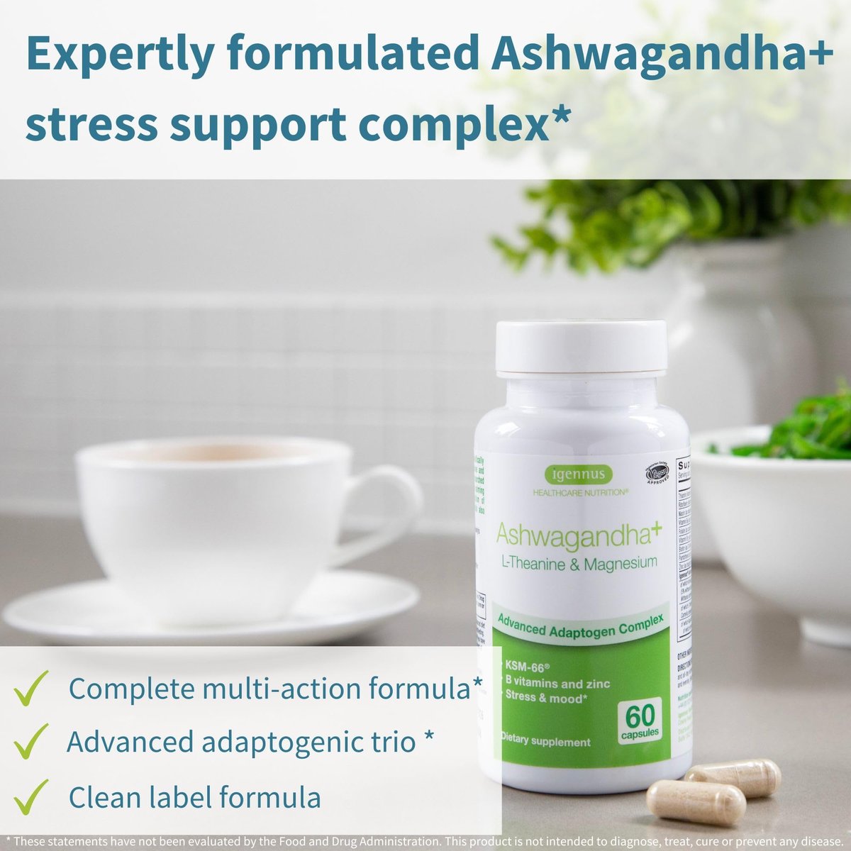 Igennus Hochdosiertes Ashwagandha, Magnesium & L-Theanin Stressabbau-Komplex, KSM-66 Wurzelextrakt Adaptogene, angereichert mit Methylfolat, Zink & Biotin Clean Label, 60 schnell wirkende Kapseln