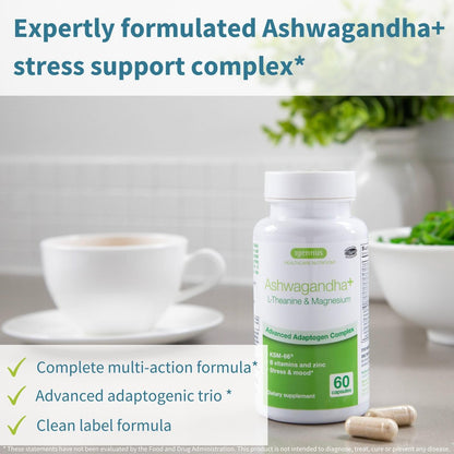 Igennus Hochdosiertes Ashwagandha, Magnesium & L-Theanin Stressabbau-Komplex, KSM-66 Wurzelextrakt Adaptogene, angereichert mit Methylfolat, Zink & Biotin Clean Label, 60 schnell wirkende Kapseln