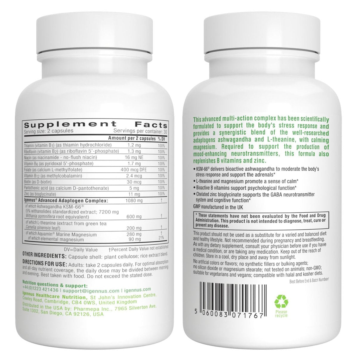 Igennus Hochdosiertes Ashwagandha, Magnesium & L-Theanin Stressabbau-Komplex, KSM-66 Wurzelextrakt Adaptogene, angereichert mit Methylfolat, Zink & Biotin Clean Label, 60 schnell wirkende Kapseln