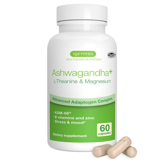Igennus Hochdosiertes Ashwagandha, Magnesium & L-Theanin Stressabbau-Komplex, KSM-66 Wurzelextrakt Adaptogene, angereichert mit Methylfolat, Zink & Biotin Clean Label, 60 schnell wirkende Kapseln