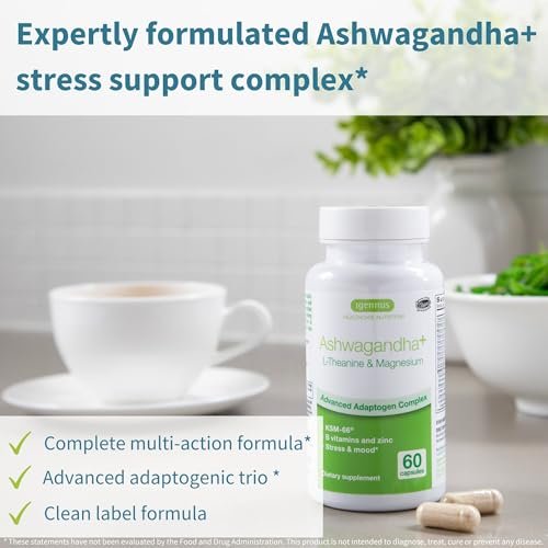 Igennus Hochdosiertes Ashwagandha, Magnesium & L-Theanin Stressabbau-Komplex, KSM-66 Wurzelextrakt Adaptogene, angereichert mit Methylfolat, Zink & Biotin Clean Label, 60 schnell wirkende Kapseln
