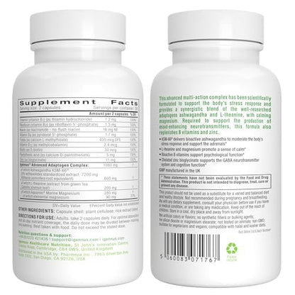 Igennus Hochdosiertes Ashwagandha, Magnesium & L-Theanin Stressabbau-Komplex, KSM-66 Wurzelextrakt Adaptogene, angereichert mit Methylfolat, Zink & Biotin Clean Label, 60 schnell wirkende Kapseln