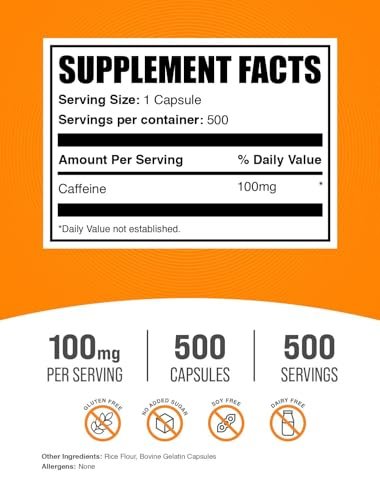 BulkSupplements.com Koffein 100 mg Kapseln - Koffein Pillen 100 mg, Nahrungsergänzungsmittel für Energie-Boost - Glutenfrei, 1 Kapsel pro Portion, 500 Stück (1er Pack)