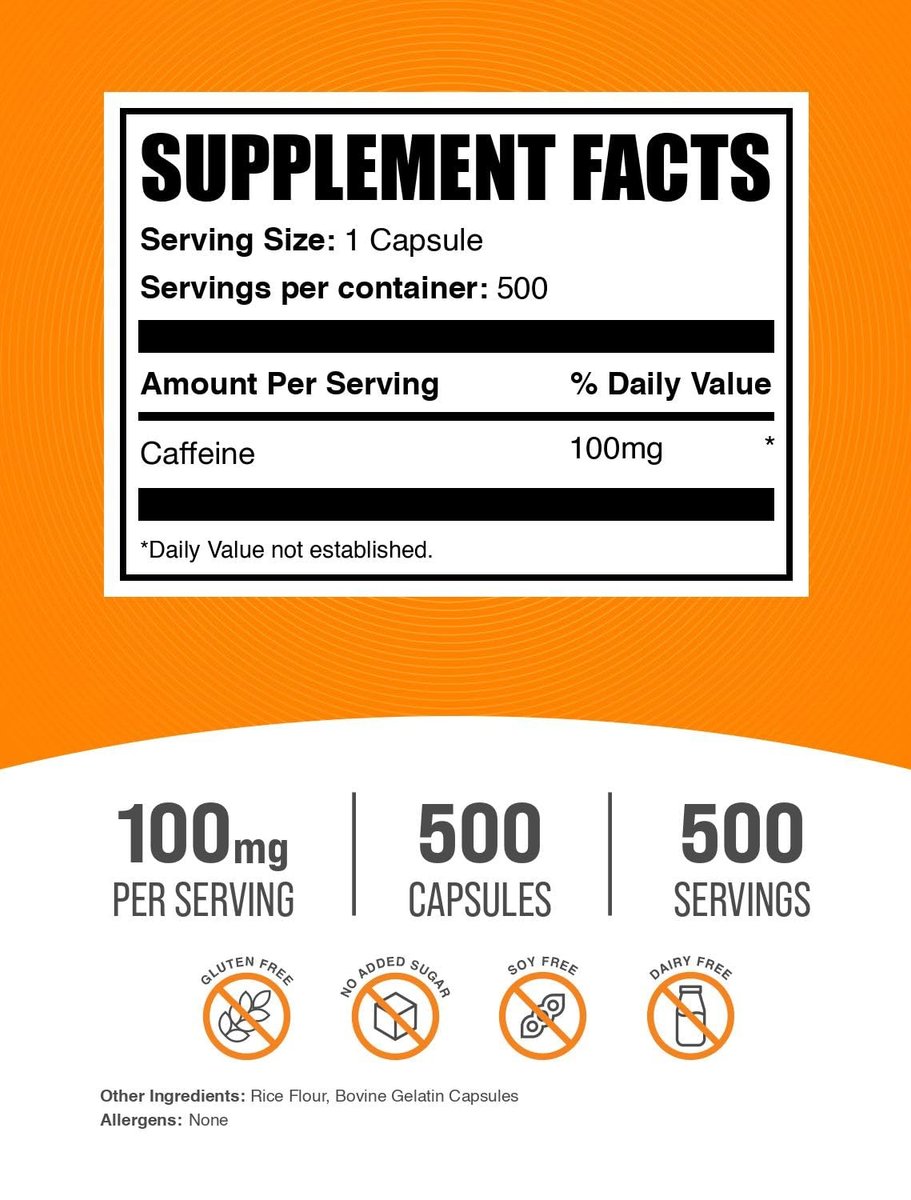 BulkSupplements.com Koffein 100 mg Kapseln - Koffein Pillen 100 mg, Nahrungsergänzungsmittel für Energie-Boost - Glutenfrei, 1 Kapsel pro Portion, 500 Stück (1er Pack)