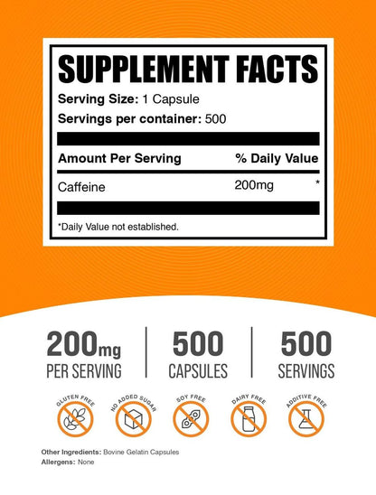 BulkSupplements.com Koffein 200mg Kapseln - Nahrungsergänzungsmittel für Energieboost, Koffeinpillen 200mg - Glutenfrei, 1 Kapsel pro Portion, 500 Stück (1er Pack)