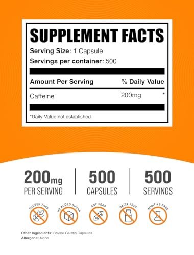 BulkSupplements.com Koffein 200mg Kapseln - Nahrungsergänzungsmittel für Energieboost, Koffeinpillen 200mg - Glutenfrei, 1 Kapsel pro Portion, 500 Stück (1er Pack)