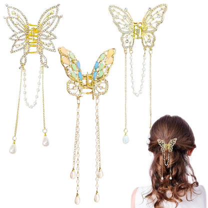 3er Set Schmetterlings-Haarclips mit Quasten und Strass – Goldfarbene Metall-Haarklammern für Frauen und Mädchen